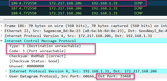 wireshark analysis of the last linux traceroute hop